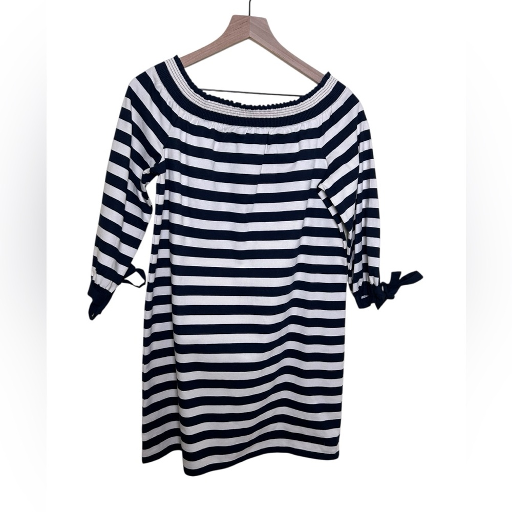 J. CREW NWT Off-the-Shoulder Nautical Stripe Dress Sz Small Blue White Coastal - Picture 2 of 12